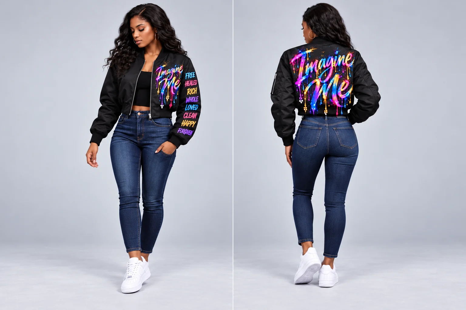 Full front and back of women’s colorful rhinestone Imagine Me bomber jacket, with declaration words on one sleeve