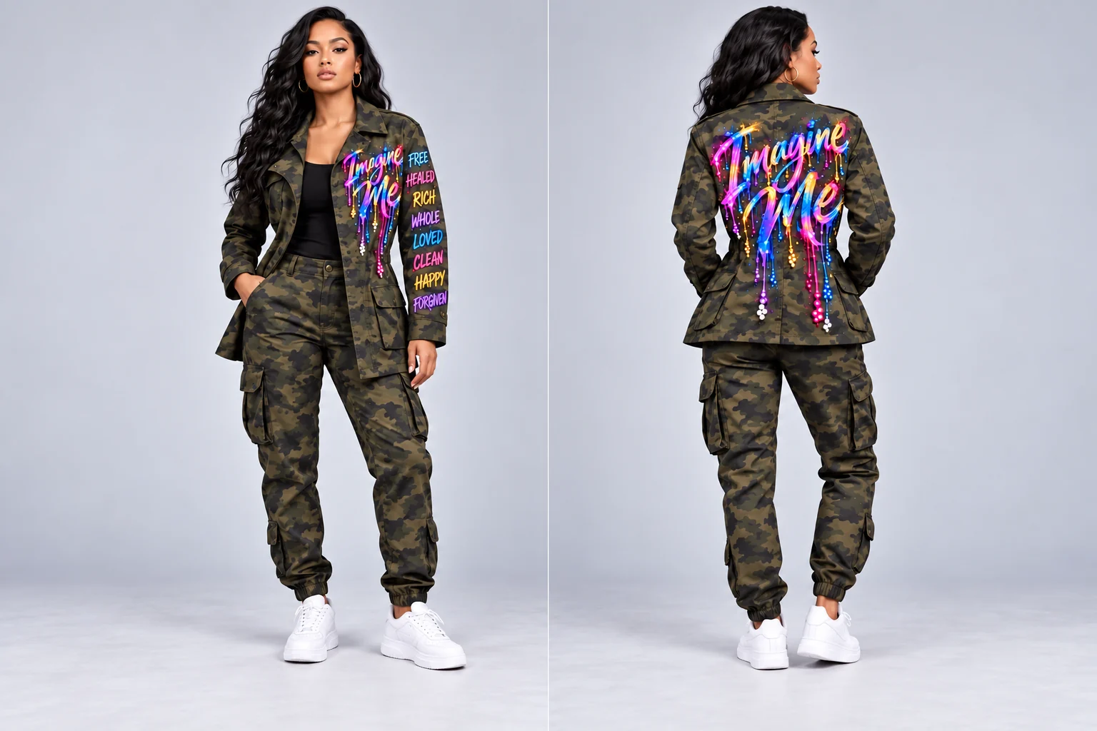 Full front and back of women’s colorful rhinestone Imagine Me fatigue field jacket, with declaration words on one sleeve