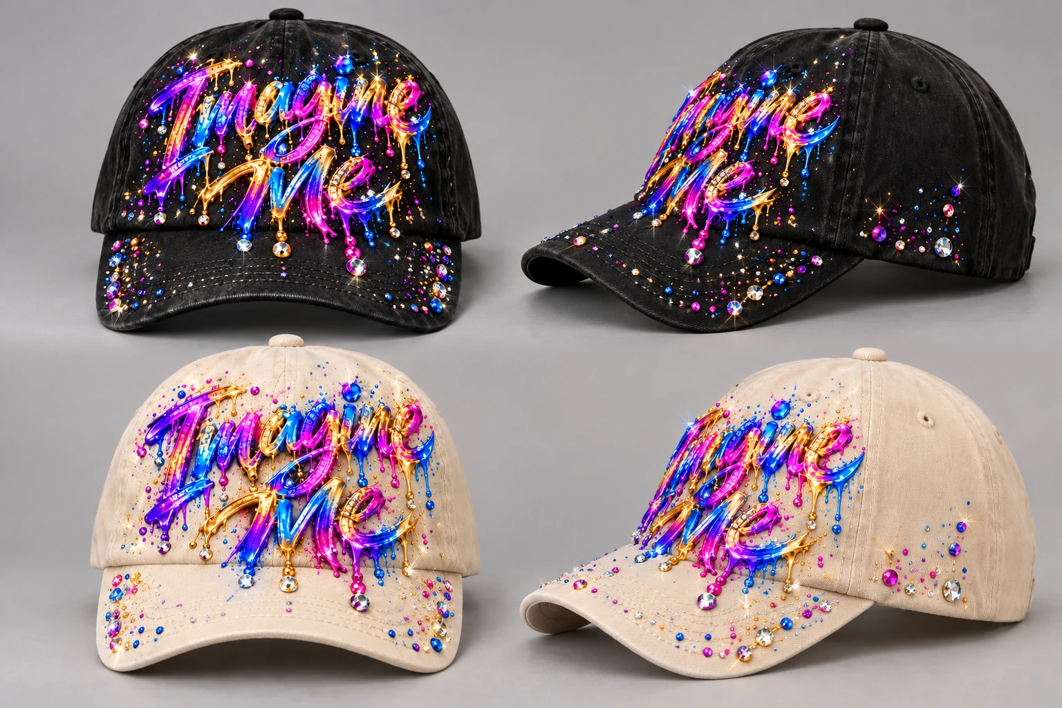 Full front and angled views of crystal embellished Imagine Me hats