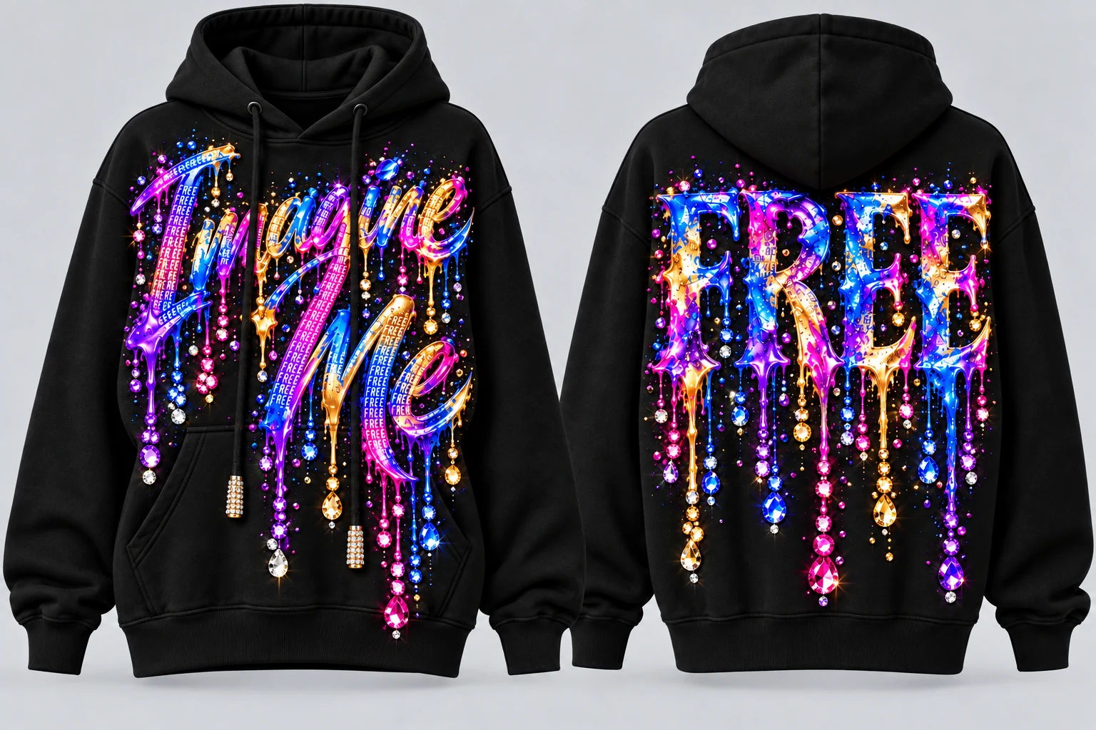 Full front and back of women’s rhinestone Imagine Me hoodie