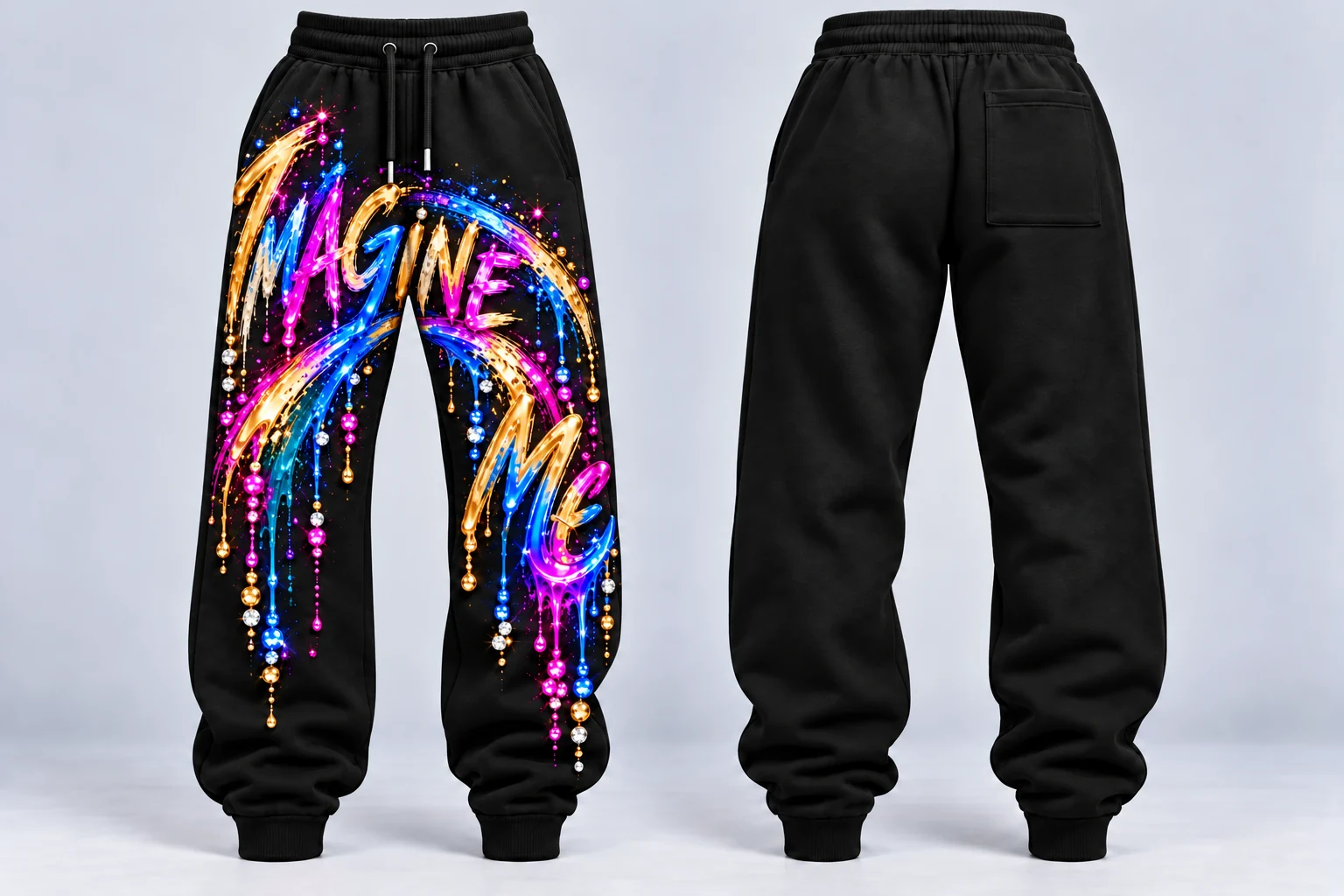 Full front and back of women’s sweatpants: Imagine and Me sweep across both front legs in a rhinestone rainbow brush arc; the back is plain