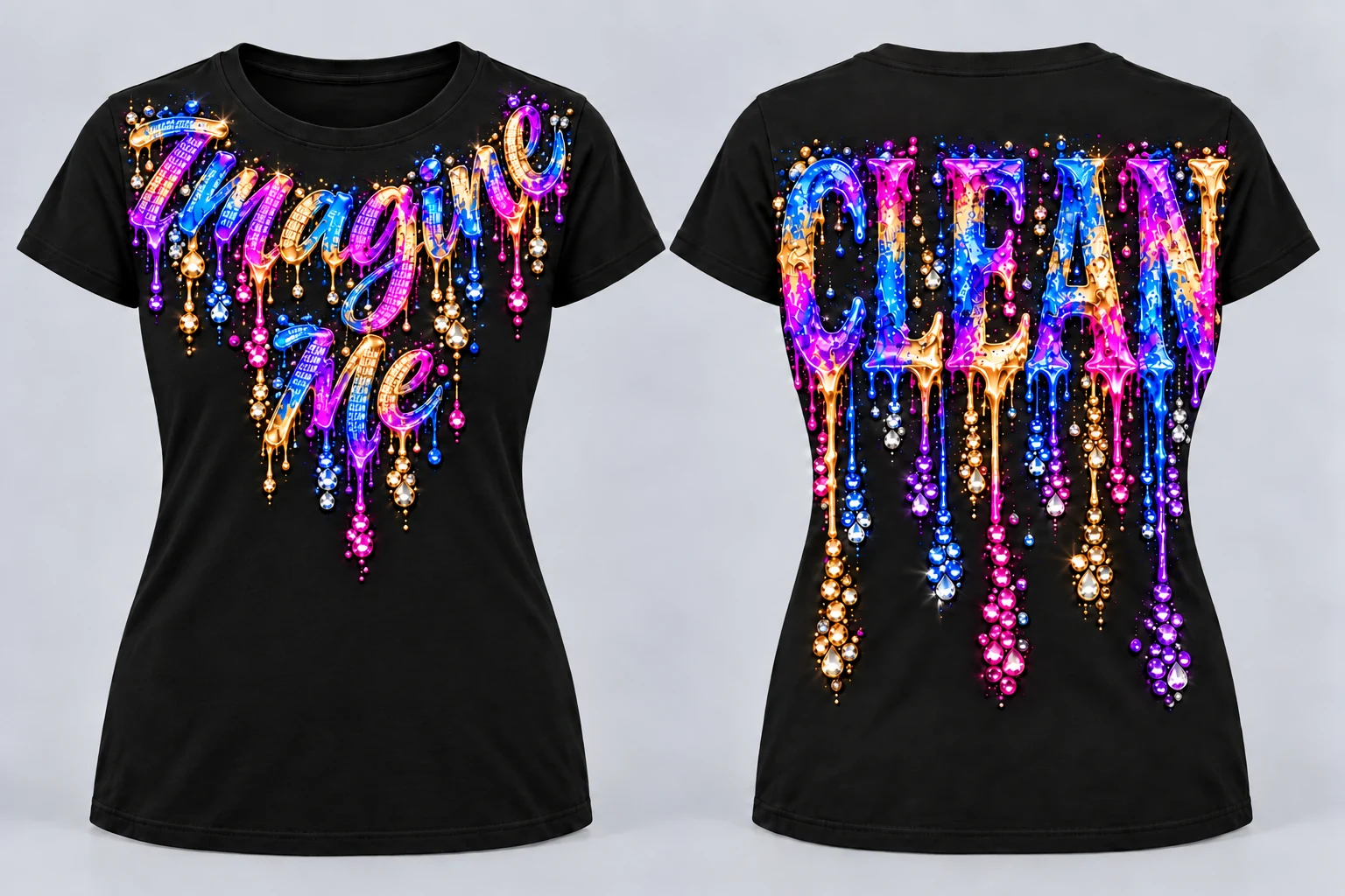Women’s Imagine Me T-shirt with necklace-style painted lettering near the front collar and CLEAN on the back