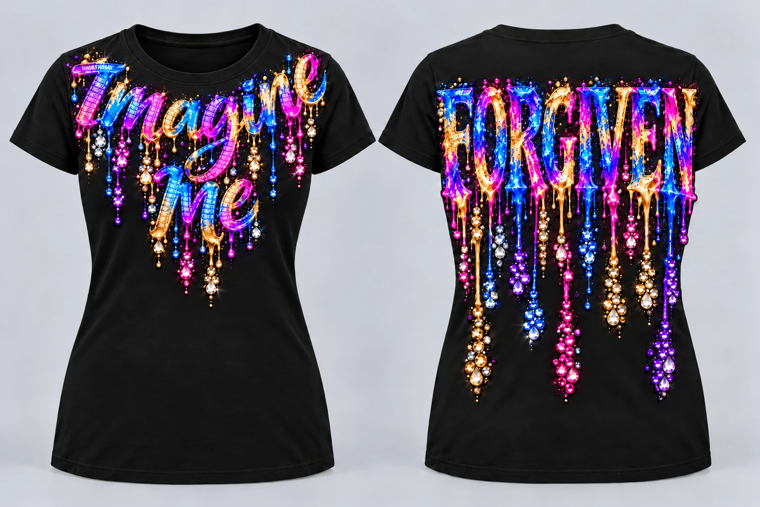 Women’s Imagine Me T-shirt with necklace-style painted lettering near the front collar and FORGIVEN on the back