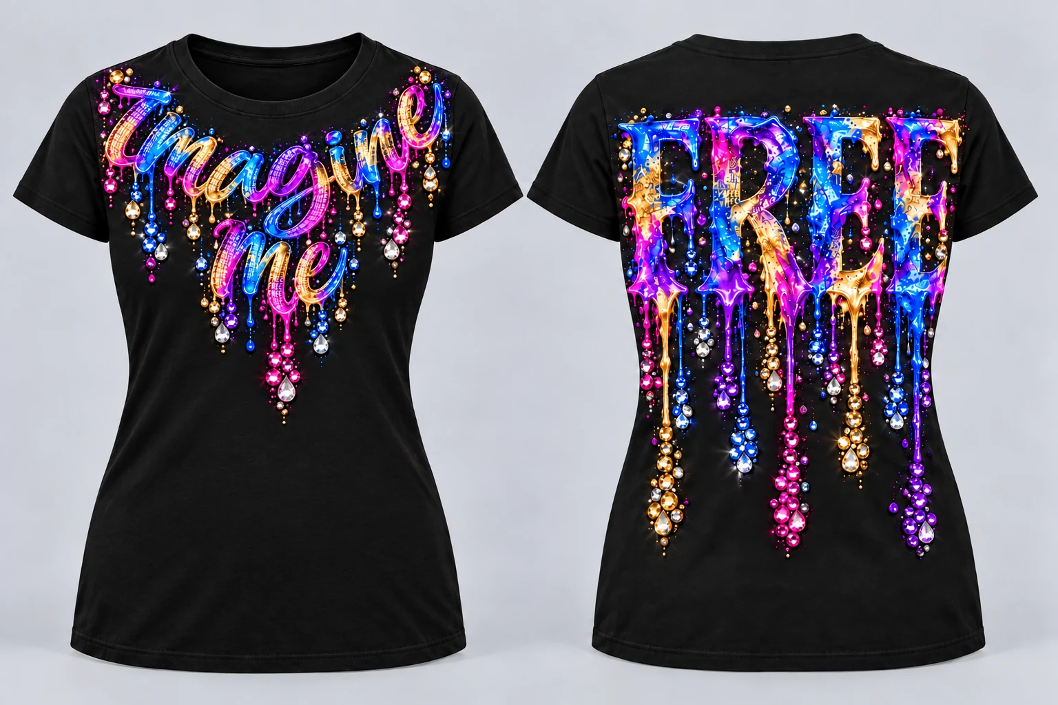 Women’s Imagine Me T-shirt with necklace-style painted lettering near the front collar and FREE on the back