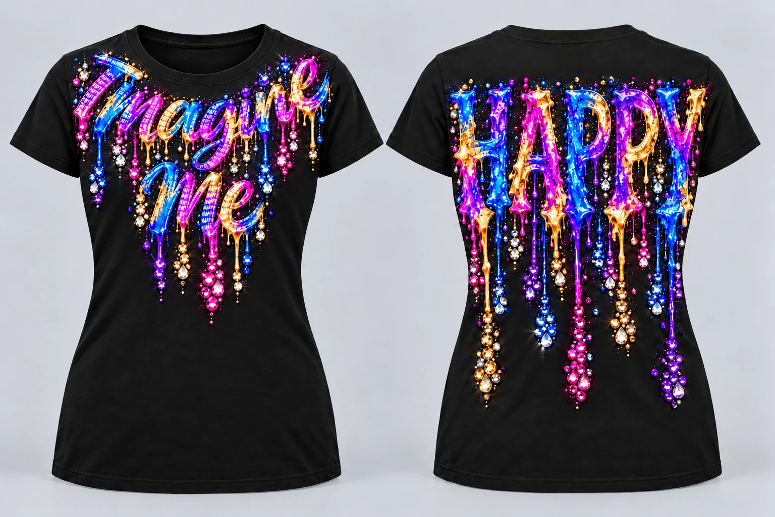 Women’s Imagine Me T-shirt with necklace-style painted lettering near the front collar and HAPPY on the back