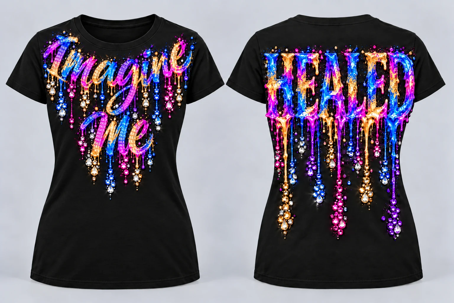 Women’s Imagine Me T-shirt with necklace-style painted lettering near the front collar and HEALED on the back