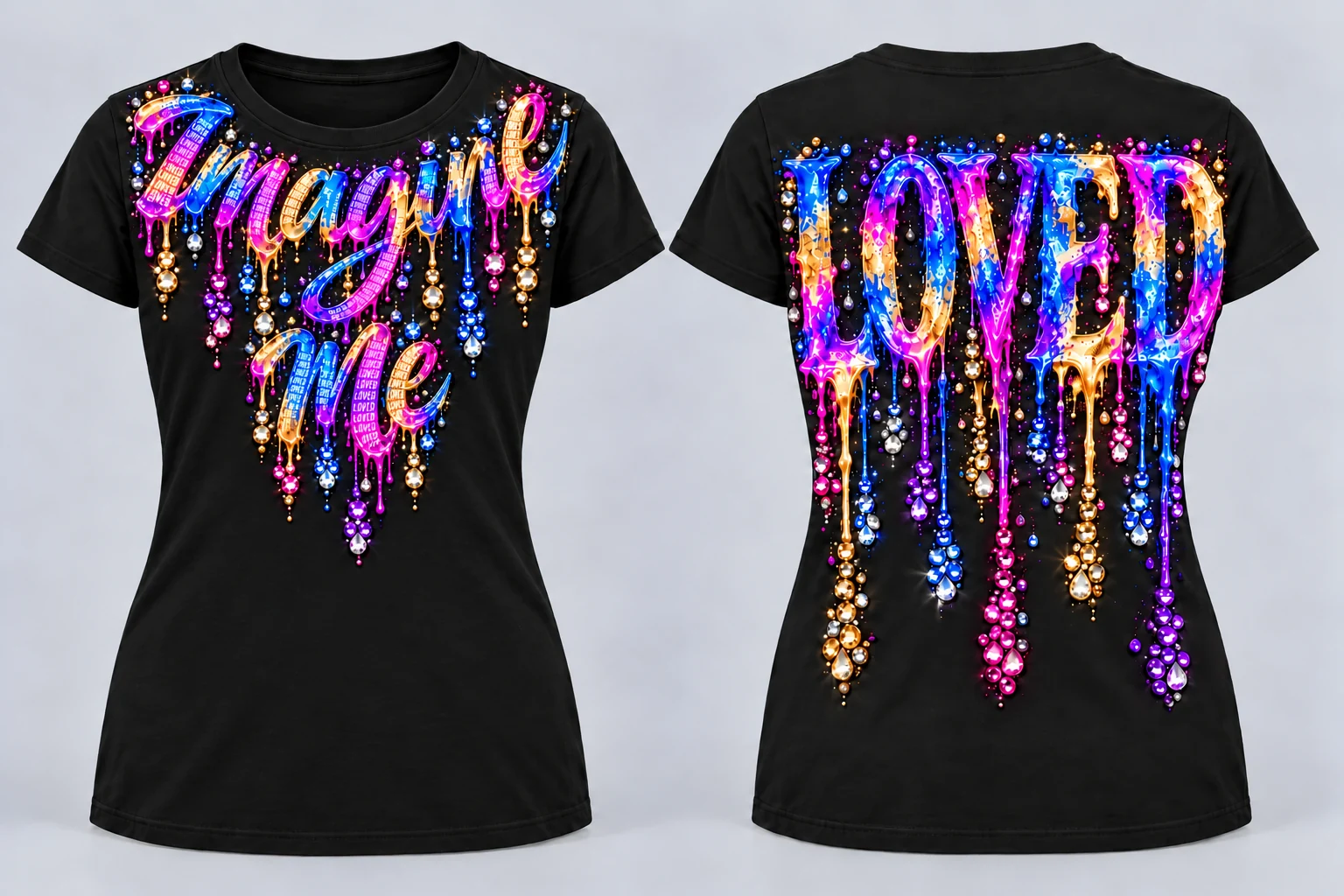 Women’s Imagine Me T-shirt with necklace-style painted lettering near the front collar and LOVED on the back