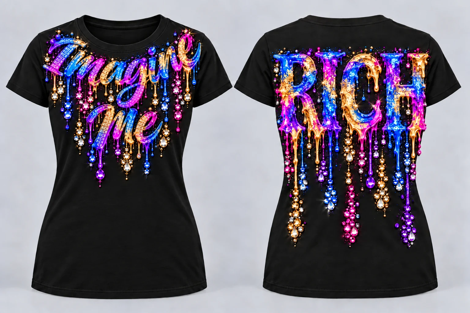 Women’s Imagine Me T-shirt with necklace-style painted lettering near the front collar and RICH on the back