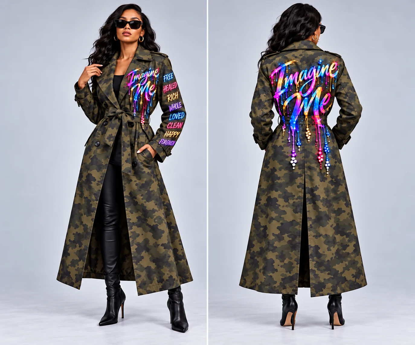 Full front and back of women’s colorful rhinestone Imagine Me fatigue trench coat, with declaration words on one sleeve